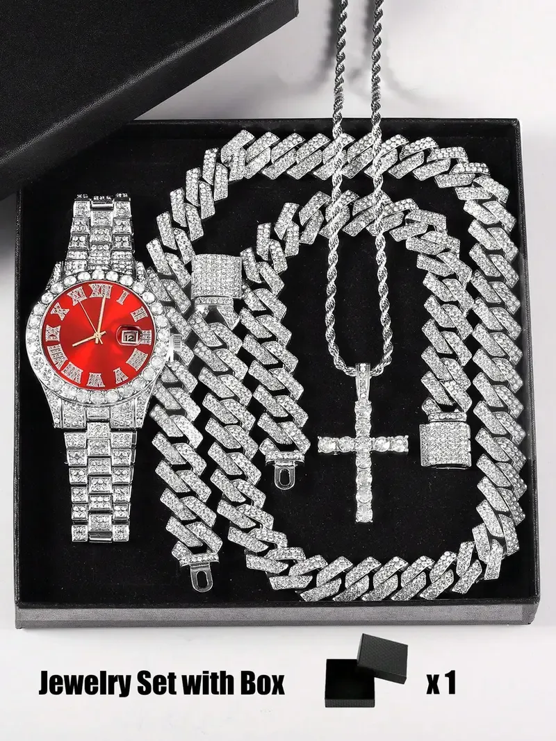 Luxury Punk Trendy Watch Set with Necklace Bracelet Cross Pendant, Analog Quartz Movement, Adjustable Strap, Unisex Gift Box for All Seasons, Fashionable Jewelry Set