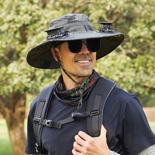 Rechargeable Solar Fan Hat Solar Powered Cooling Fan Hat - Wide Brim Bucket Hat for Fishing, Hiking & Outdoor Sun Protection