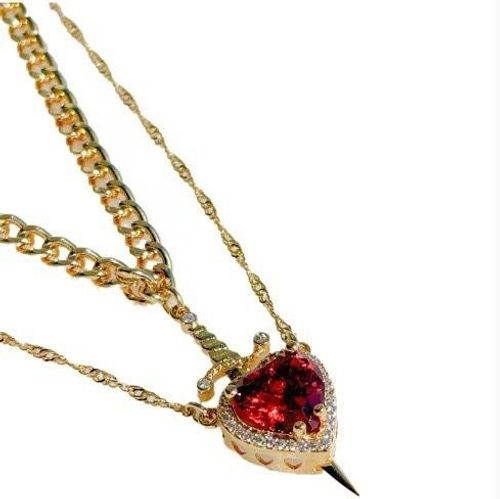 Fashion Hot Couple Jewellery Stainless Steel Chain Red Zirconia Heart Sword Necklace