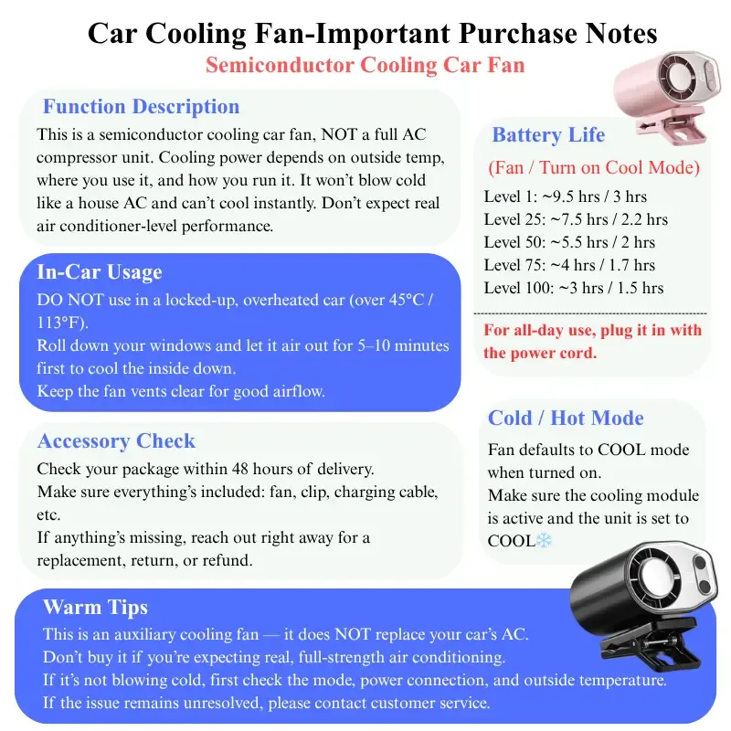 JOYTUTUS 2026 Car Clip On Fan with LED Display - 360° Rotation, 100 Speeds Adjustable, USB Rechargeable Personal Cooling Fan, 16℃ Semi-Cooling Wide Clamp 20Hr Battery 3000mAh Battery