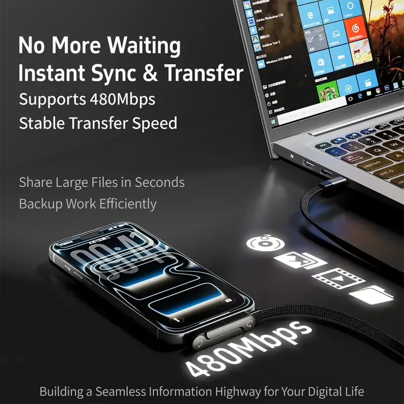 basemo Invisible Holder Charger Cable with Stand, 240w super fast charging 2-in-1 Fast Charging Cord & Phone Stand for Gaming, Office, Car Travel, Compatible with iPhone Samsung Type-C charging cable Black