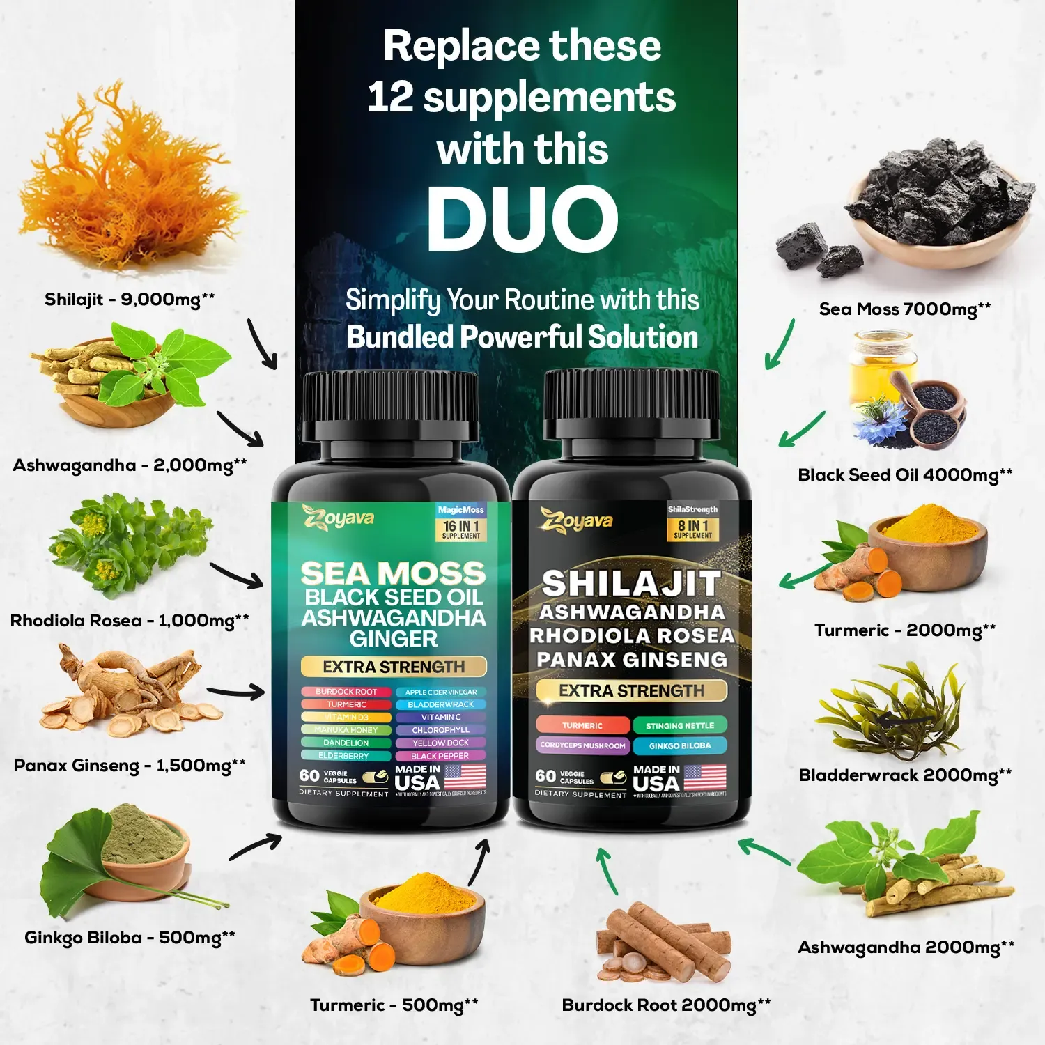 Dynamic Vitality Bundle - Zoyava Sea Moss & Shilajit Supplements - All-in-One Multivitamin Combo with Extra Strength Ingredients - MADE IN USA