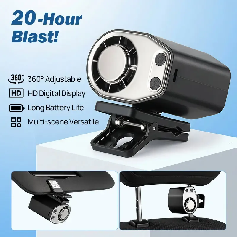 JOYTUTUS 2026 Car Clip On Fan with LED Display - 360° Rotation, 100 Speeds Adjustable, USB Rechargeable Personal Cooling Fan, 16℃ Semi-Cooling Wide Clamp 20Hr Battery 3000mAh Battery