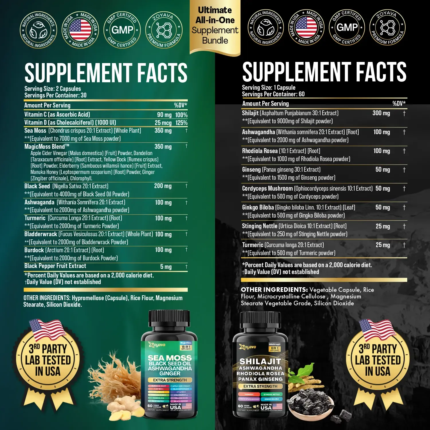 Dynamic Vitality Bundle - Zoyava Sea Moss & Shilajit Supplements - All-in-One Multivitamin Combo with Extra Strength Ingredients - MADE IN USA