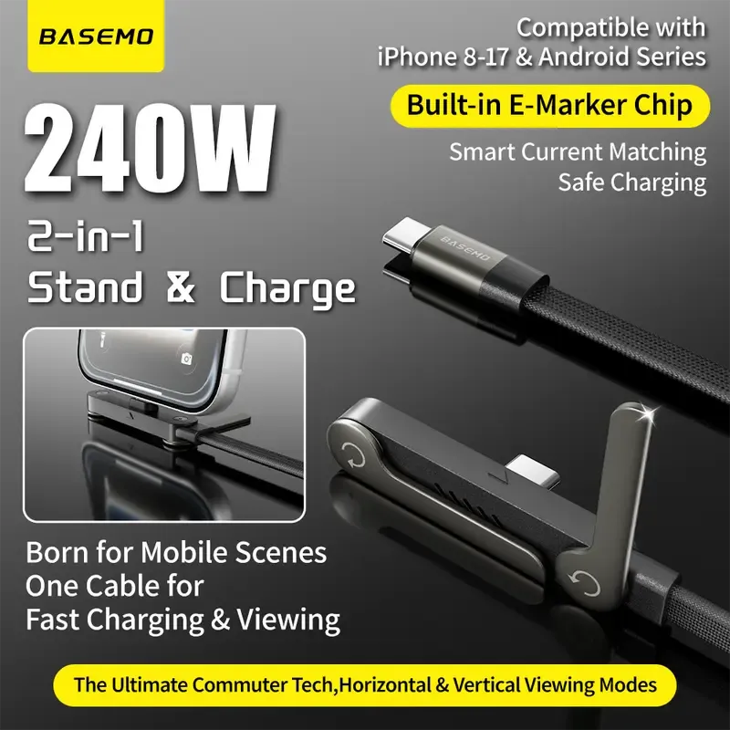 basemo Invisible Holder Charger Cable with Stand, 240w super fast charging 2-in-1 Fast Charging Cord & Phone Stand for Gaming, Office, Car Travel, Compatible with iPhone Samsung Type-C charging cable Black