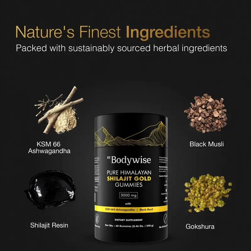 Be Bodywise by Root Labs Pure Himalayan Shilajit Gummies | New Year New Me Edition | 3000 mg with KSM-66 Ashwagandha, Gokshura, Saffron, Black Musli | Fulvic Acid & 85+ Trace Minerals | No Added Sugar | Natural Strength, Focus & Stamina Support
