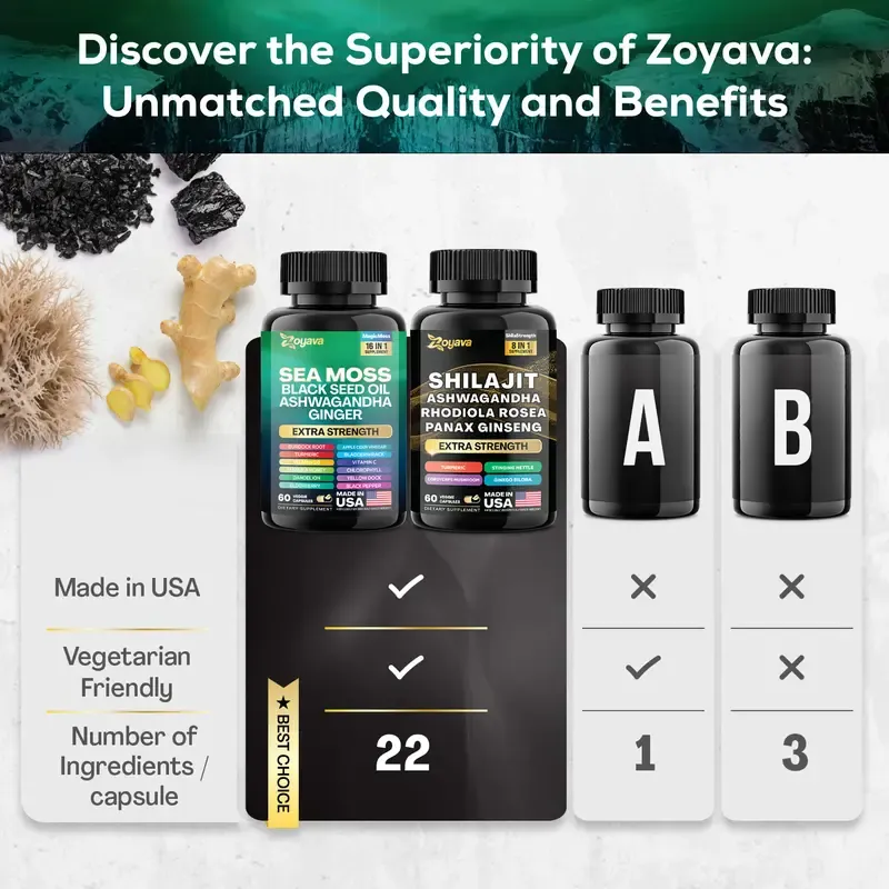Dynamic Vitality Bundle - Zoyava Sea Moss & Shilajit Supplements - All-in-One Multivitamin Combo with Extra Strength Ingredients - MADE IN USA