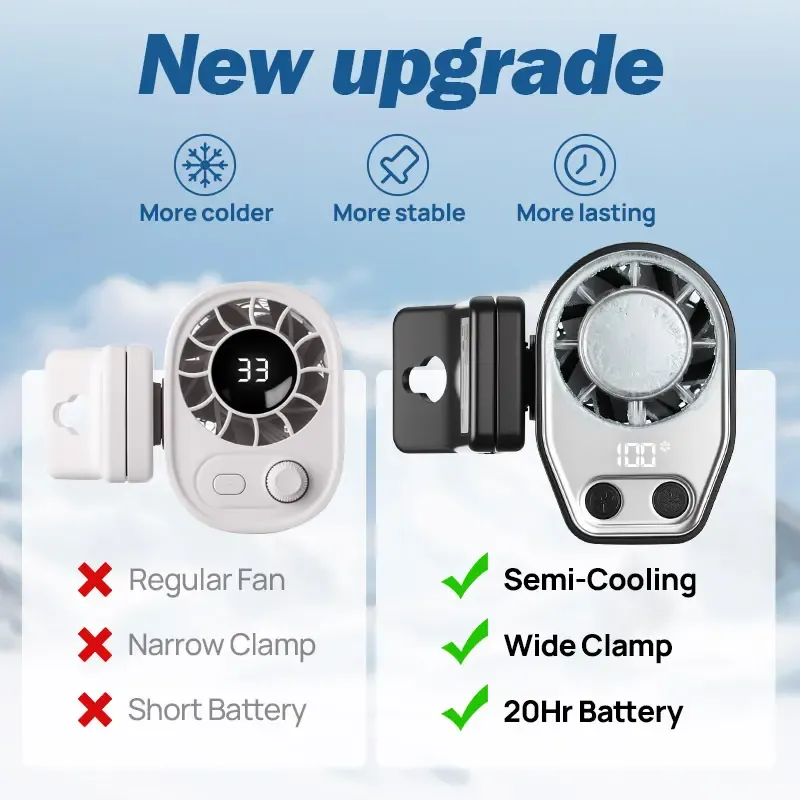 JOYTUTUS 2026 Car Clip On Fan with LED Display - 360° Rotation, 100 Speeds Adjustable, USB Rechargeable Personal Cooling Fan, 16℃ Semi-Cooling Wide Clamp 20Hr Battery 3000mAh Battery