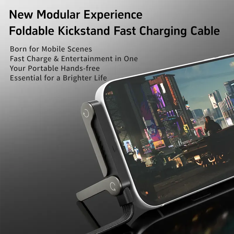 basemo Invisible Holder Charger Cable with Stand, 240w super fast charging 2-in-1 Fast Charging Cord & Phone Stand for Gaming, Office, Car Travel, Compatible with iPhone Samsung Type-C charging cable Black