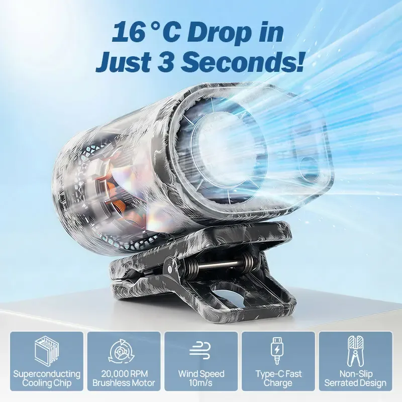 JOYTUTUS 2026 Car Clip On Fan with LED Display - 360° Rotation, 100 Speeds Adjustable, USB Rechargeable Personal Cooling Fan, 16℃ Semi-Cooling Wide Clamp 20Hr Battery 3000mAh Battery