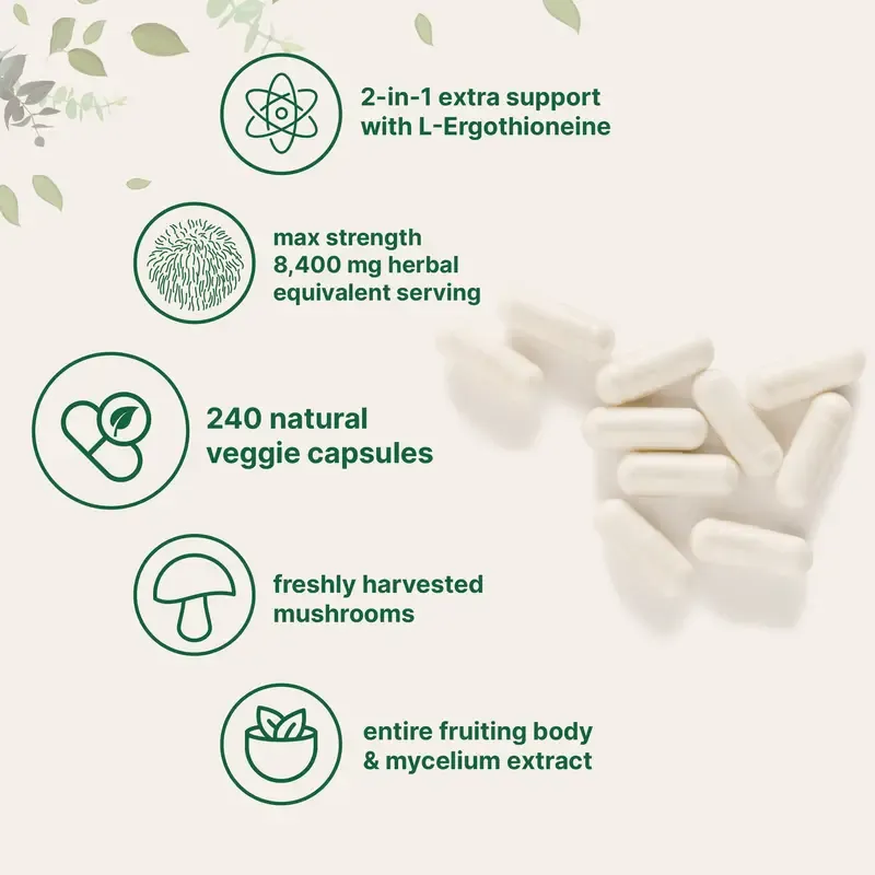 Micro Ingredients Lions Mane with L-Ergothioneine | 240 Vegan Capsules, 8,400 mg Herbal Equivalent, Ultra Strength Lions Mane Supplement