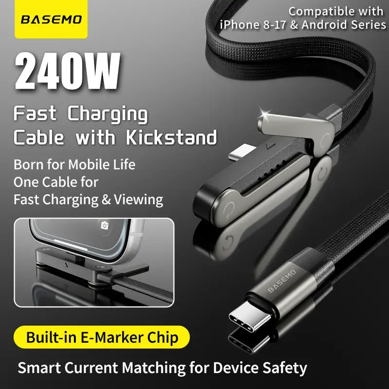 basemo Invisible Holder Charger Cable with Stand, 240w super fast charging 2-in-1 Fast Charging Cord & Phone Stand for Gaming, Office, Car Travel, Compatible with iPhone Samsung Type-C charging cable Black