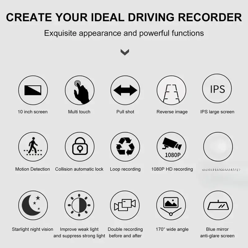 Front & Rear Dual Dash Cam, 4K, 10 Inch Full Touch HD Car Dual Lens DVR Rearview Video Dash Cam Camera