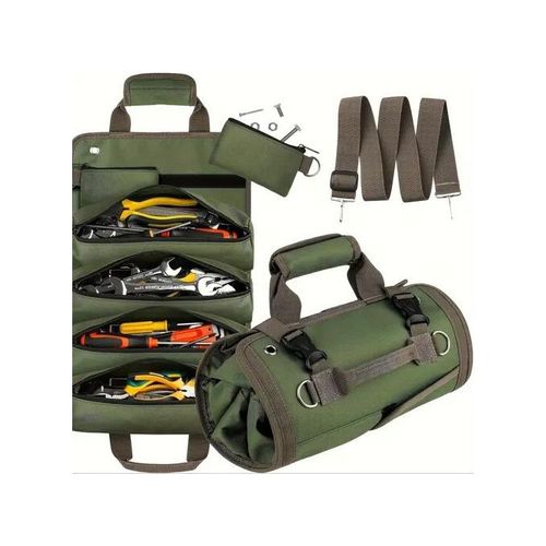 Roller Bag Tool Roll Bag, Canvas Wrench Tool Bag, Multi-Purpose Tool Roll with 5 Zip Pockets, for Plumbers, Craftsmen and Electricians, Green