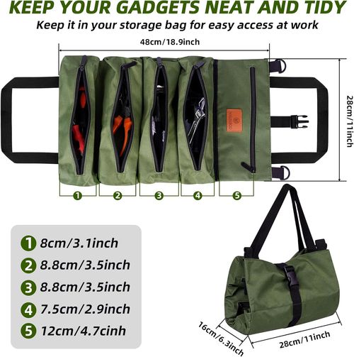 Roller Bag Tool Roll Bag, Canvas Wrench Tool Bag, Multi-Purpose Tool Roll with 5 Zip Pockets, for Plumbers, Craftsmen and Electricians, Green