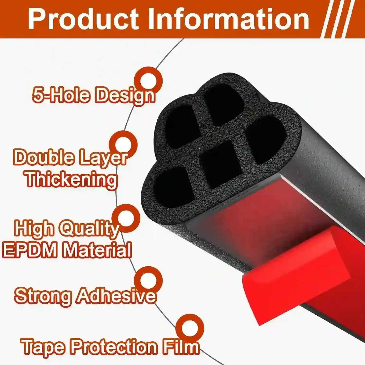 Universal Self-Adhesive Double-Layer 5-Hole EPDM Rubber Door Weather Stripping, Suitable for Trucks, SUVs and RVs