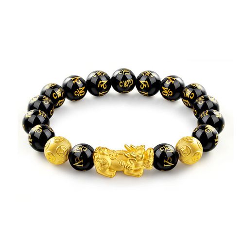 High-quality consecrated Pixiu bracelet | Beads are made of pure natural obsidian, Pixiu is crafted from sand gold | Fade-resistant and colorfast