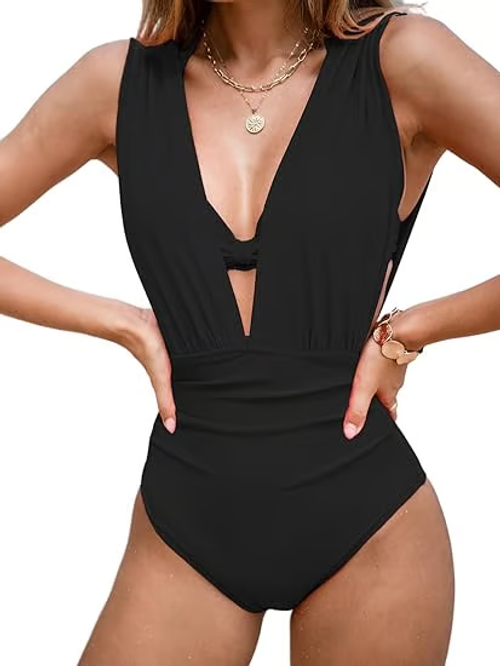 🌷Holiday Sale 49% OFF👙Deep Plunge Ruched Swimsuit with Halter Bra Two-Piece Set