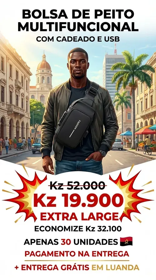 🚨🇦🇴🔥 OFERTA LUANDA! — Bolsa Peitoral Masculina com Cadeado 🔒✨+ Porta USB 🔋 — Grande Capacidade 📱💼 — Estilo Moderno e Seguro 😎 — Ideal para Trabalho e Dia a Dia 🚶‍♂️ — Entrega Grátis + COD!