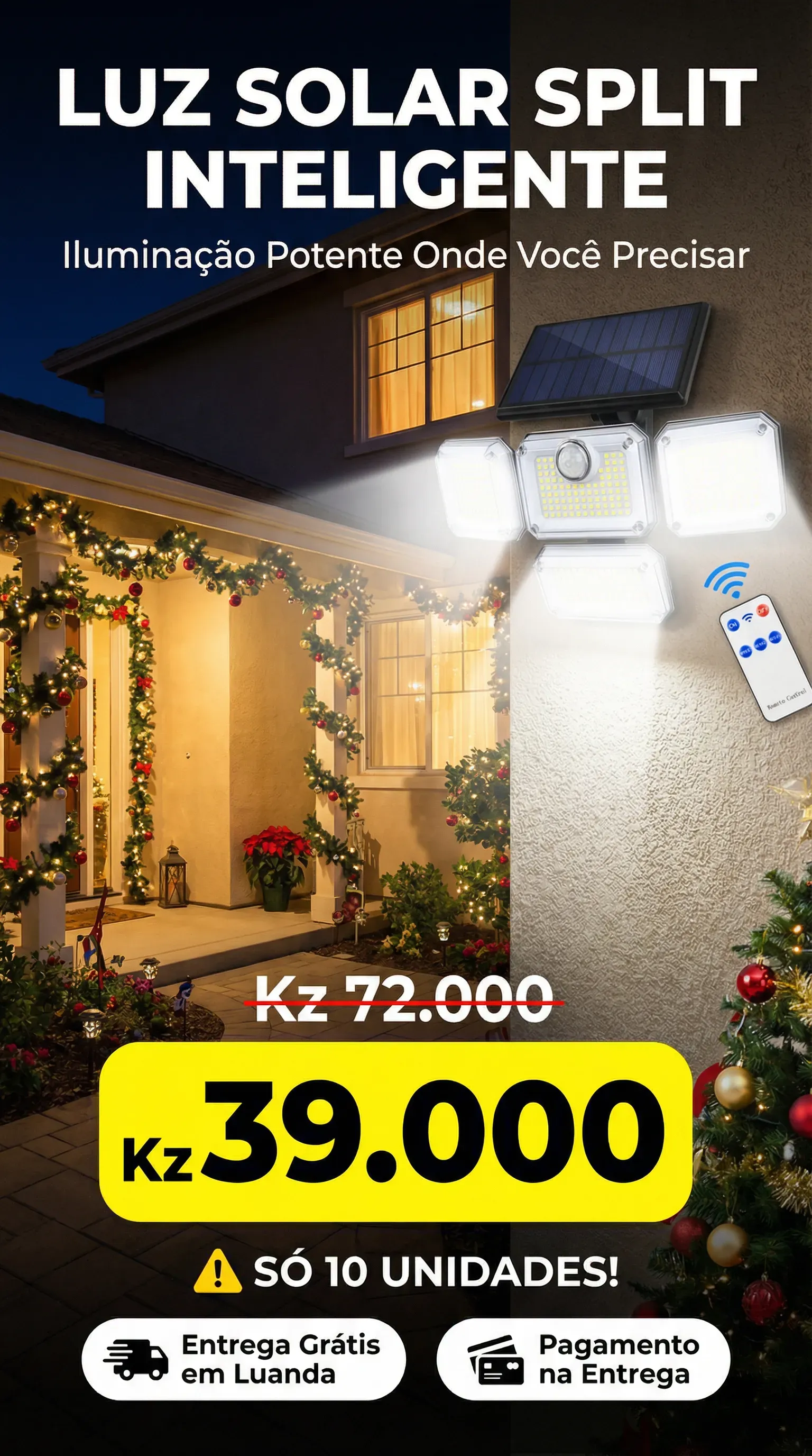 ⚠️☀️Luanda 💡 | Lâmpada Solar de Parede 🔄 com 4 Cabeças — Sem Fios ❌🧵, À Prova de Chuva 🌧️, Super Brilhante 🔆, Ideal para Quintal e Portão