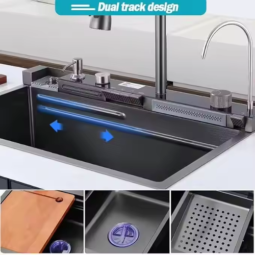 New Trend Smart Step-Design Kitchen Faucet: Multi-Functional Waterfall Spout, Easy-to-Clean & Dual-Sink Matched with Digital Display