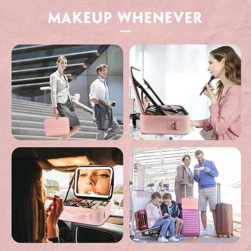 Smacen Large capacity Cosmetics Train Case with LED Lighted Mirror Rechargeable 3 Color Lights Adjustable Brightness Portable Makeup bag with Adjustable...