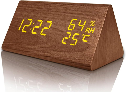 Wooden Digital Alarm Clocks for Bedrooms, Electric Desk Clock Smart LED Digital Clock with Time Temperature and Humidity Displaying, 12 24H
