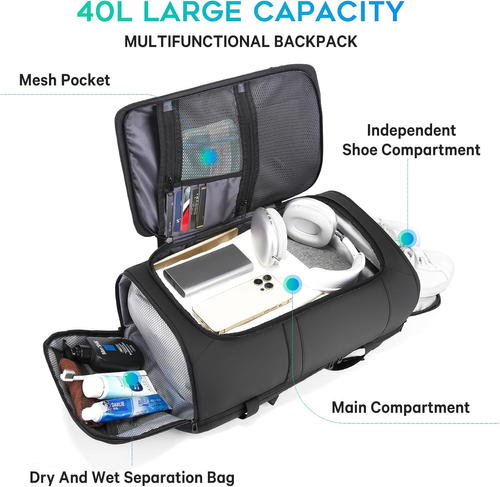 BANGE 40L Travel Backpack with Shoe Compartment, Large Capacity Weekender Bag Daypack Fits 17.3 Inch Laptop, Carry-on Luggage Backpack with Water Bottle..