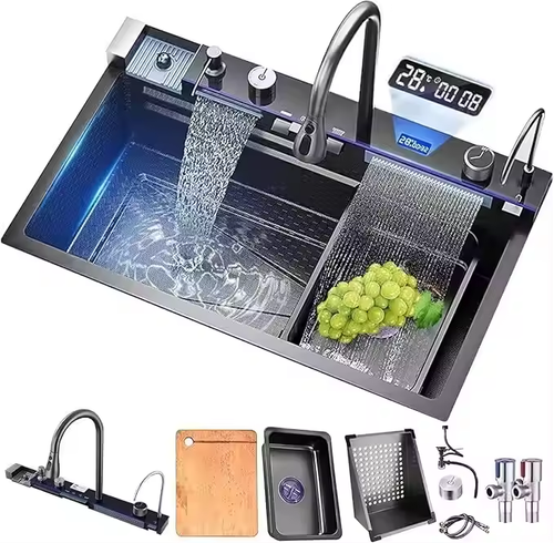 New Trend Smart Step-Design Kitchen Faucet: Multi-Functional Waterfall Spout, Easy-to-Clean & Dual-Sink Matched with Digital Display
