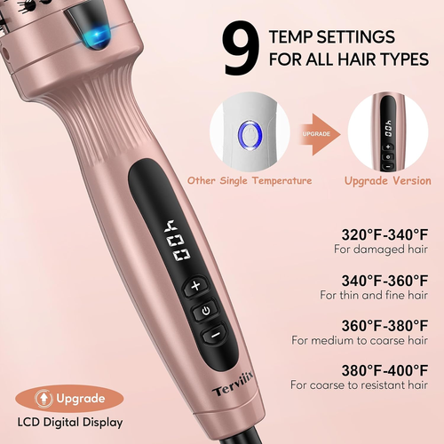 Terviiix Thermal Brush Get Voluminous Style, Quick Heating Hot Brush, Ceramic Tourmaline Ionic Heated Curling Iron, Digital Display 9 Temperatures Curling...