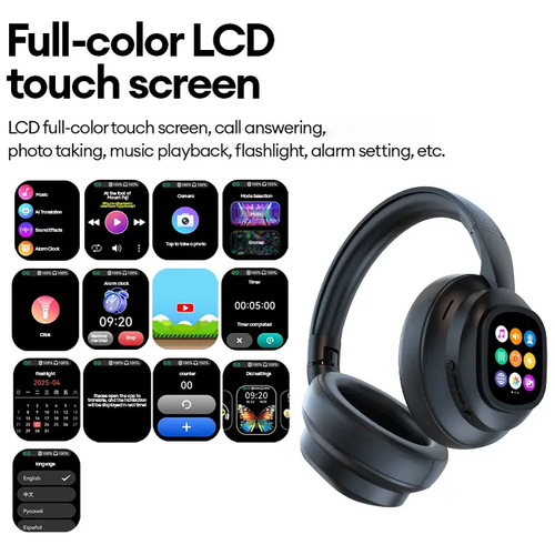 HYUNDAI X1 Pro Wireless Bluetooth 6.0 Headphones with Detachable Full Color LCD Touch Screen, Support Customizable Screen Wallpaper, Audio Headset for Music & Phone Calls