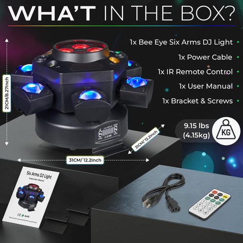 Flashback Events 6-Arm 150W RGBW Bee-Eye Spider DJ Moving Head Light – LED Stage Lighting with DMX512, Sound Activated Beam Wash, Strobe & Starry...