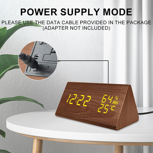 Wooden Digital Alarm Clocks for Bedrooms, Electric Desk Clock Smart LED Digital Clock with Time Temperature and Humidity Displaying, 12 24H