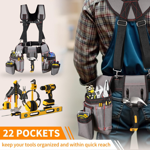 New Design Multi Functional Double Tool Belt Bag Tool Belt with Suspenders, Professional Tool Belt for Men, 18 Pocket Adjustable Heavy Duty Tool Organizer for Electrician