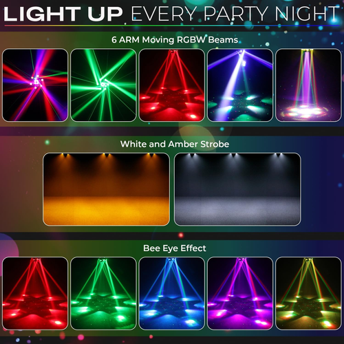 Flashback Events 6-Arm 150W RGBW Bee-Eye Spider DJ Moving Head Light – LED Stage Lighting with DMX512, Sound Activated Beam Wash, Strobe & Starry...
