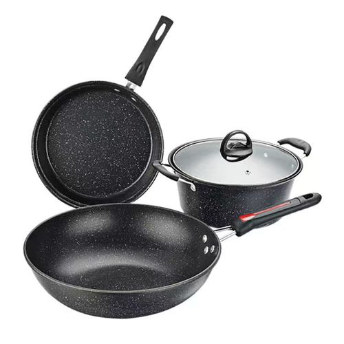 LOVFE 4pcs Factory Marble Non Stick Coating Carbon Steel Cast Iron Cookware Set Kitchenware Cooking Pots and Pans Fry Wok Set