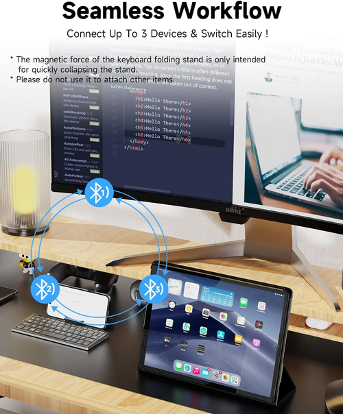 Foldable Bluetooth Keyboard with Magnetic Stand,Aluminum Alloy Mini Quiet Folding Portable Lightweight Travel Rechargeable Pocket for Tablet,iPad, Phones, Black