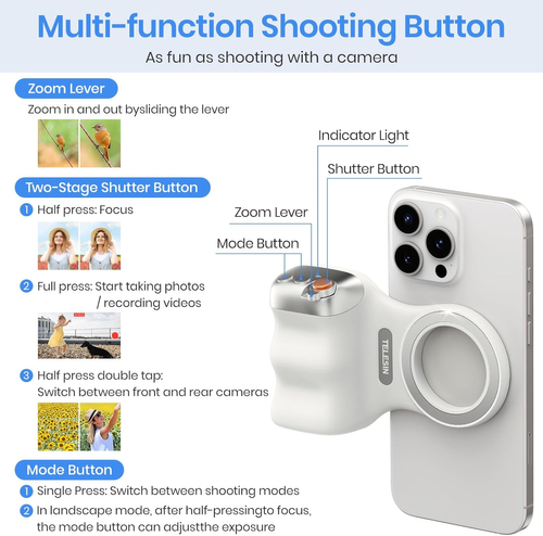 Magnetic Phone Camera Grip, Smartphone Shooting Holder Selfie Handle Snap with Wireless Shutter Button Remote for iPhone 16 15 14 13 12 Pro Max Android Cellphone Vlog Video Photography
