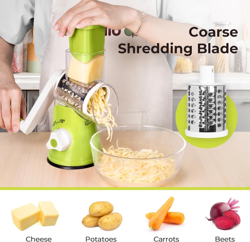Click to see full view       3+ Cheese Grater Manual Rotary Vegetable Slicer Fruit Shredder Drum Grater with 3 Stainless Steel Rotary Set