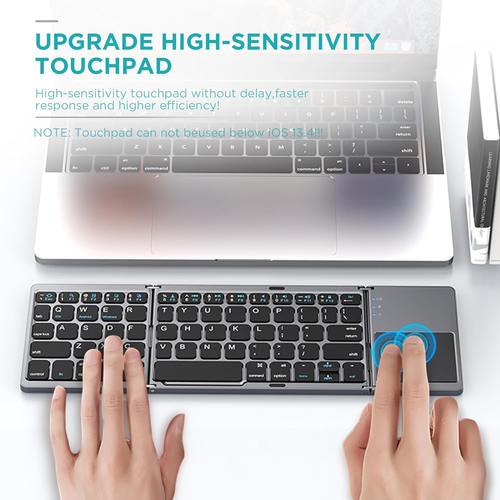 Click to see full view Foldable Bluetooth Keyboard with Touchpad - Portable Wireless Keyboard with Holder, Rechargeable Full Size Ultra Slim Pocket Folding Keyboards for Android Windows iOS Tablet & Laptop Travel Keyboards