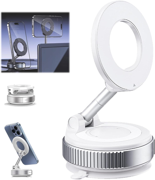 K007 Vacuum Suction Magnetic Bracket, 360° Rotatable Vacuum Suction Magnetic Car Phone Holder, for Car, Mirror, Smooth Surface (White)
