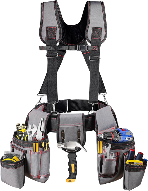New Design Multi Functional Double Tool Belt Bag Tool Belt with Suspenders, Professional Tool Belt for Men, 18 Pocket Adjustable Heavy Duty Tool Organizer for Electrician