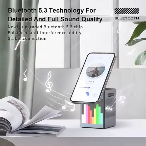 6-in-1 Wireless Charger Speaker with Alarm Clock – Pixel Animation Display, 15W Fast Charging, USB-C, LED Clock, Night Light, and Bluetooth Speaker – Black