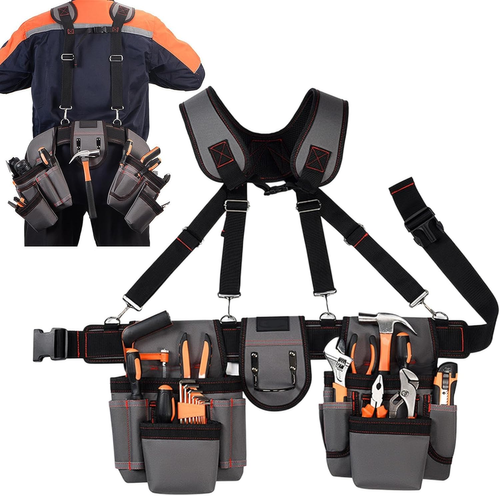 New Design Multi Functional Double Tool Belt Bag Tool Belt with Suspenders, Professional Tool Belt for Men, 18 Pocket Adjustable Heavy Duty Tool Organizer for Electrician
