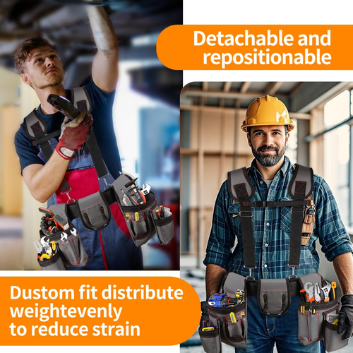 New Design Multi Functional Double Tool Belt Bag Tool Belt with Suspenders, Professional Tool Belt for Men, 18 Pocket Adjustable Heavy Duty Tool Organizer for Electrician