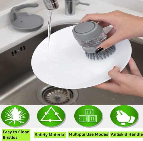 Dish Brush with Soap Dispenser, Soap Dispensing Palm Brush, Kitchen Scrub Brushes Scrubber with Holder for Dish Sink Pot Pan Washing and Cleaning