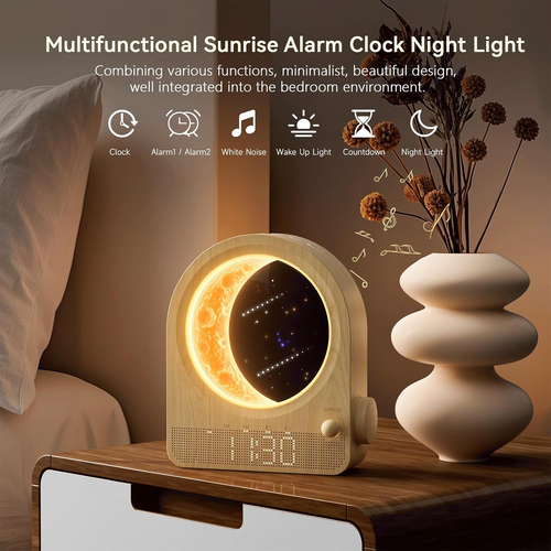 Sunrise Alarm Clocks for Bedrooms, Stepless Dimmable Moon Lamp Dual Alarm Clock Wake Up Light with 12Levels Volume for Heavy Sleepers, 10 Natural Sounds with 30 60 90min Timer Night Light