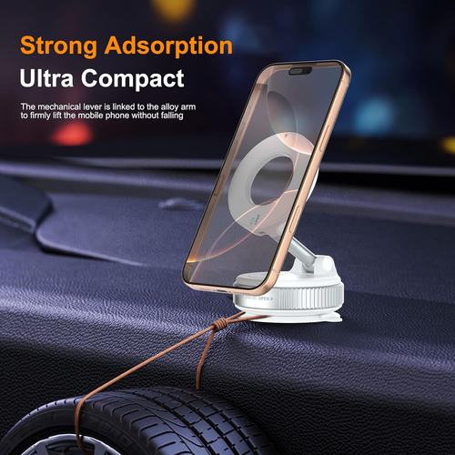 K007 Vacuum Suction Magnetic Bracket, 360° Rotatable Vacuum Suction Magnetic Car Phone Holder, for Car, Mirror, Smooth Surface (White)