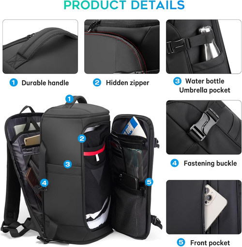 BANGE 40L Travel Backpack with Shoe Compartment, Large Capacity Weekender Bag Daypack Fits 17.3 Inch Laptop, Carry-on Luggage Backpack with Water Bottle..