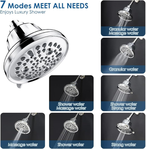 Multi-Functional 6-Setting Filtered Top Spray Home Shower Head - New Model with Pressure Boosting & Water Purification
